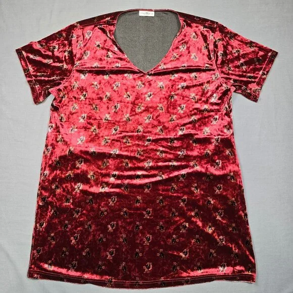 Natural Life M Velvet Floral Tunic Mini Dress Brick Red Relaxed Fit Short Sleeve - Picture 1 of 4